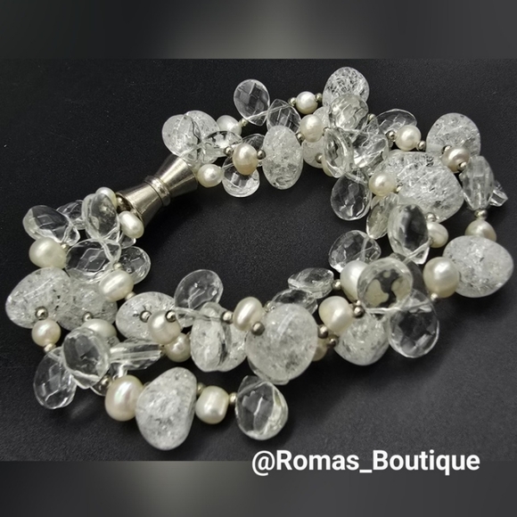 Elegant Silver and White Crystal and Real Pearl Multistrand Beaded Bracelet - Picture 1 of 5